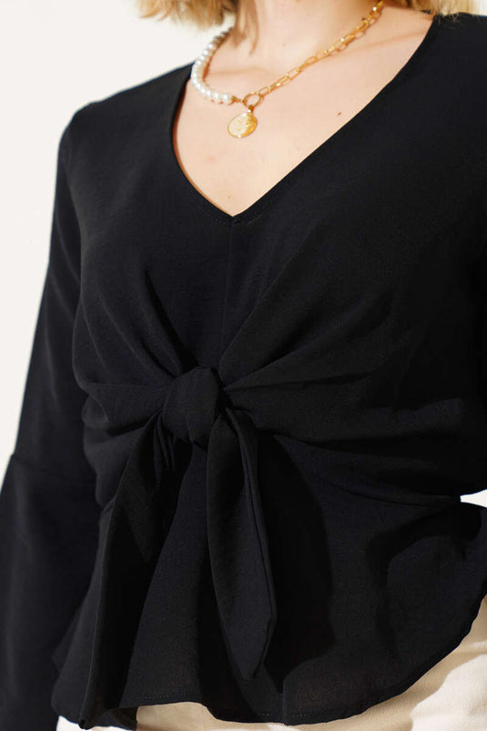 Önü Bağlamalı V Yaka Bluz Siyah