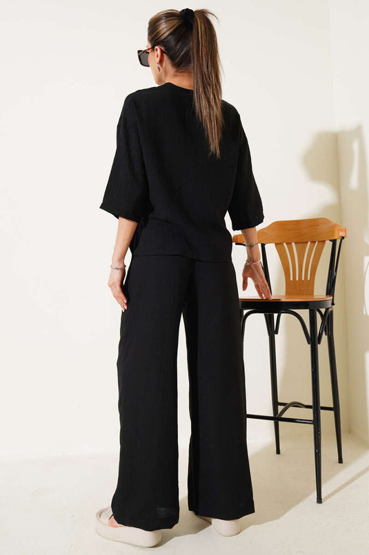 Tweedelige set met strik aan de voorkant en halve mouwen, zwart