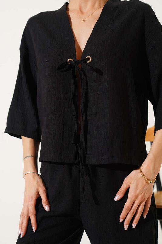 Tweedelige set met strik aan de voorkant en halve mouwen, zwart