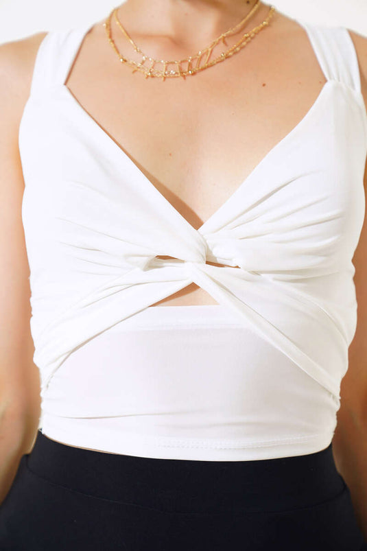 Sandfarbene Bluse mit Bindeband vorne in Ecru