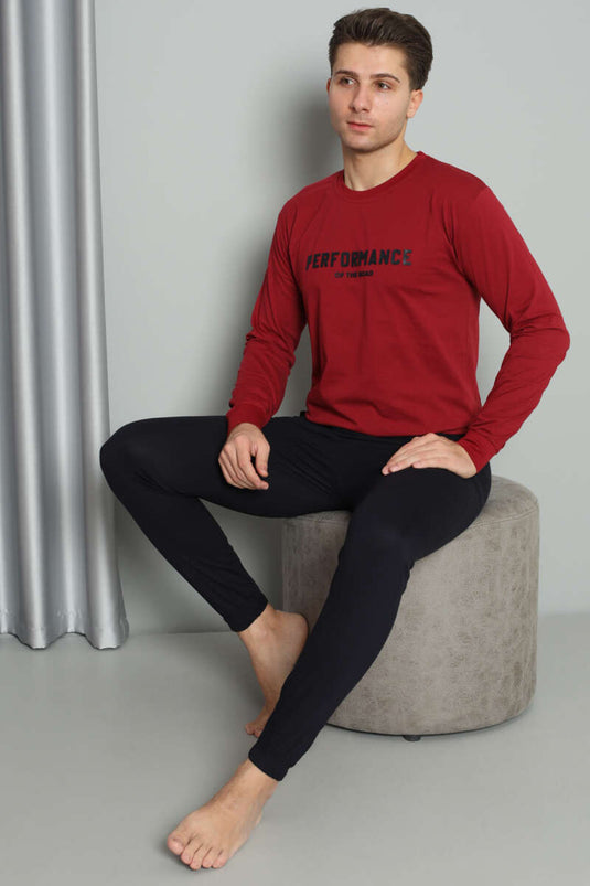 Önü Baskılı Paça Lastikli Erkek Pijama Takım Bordo
