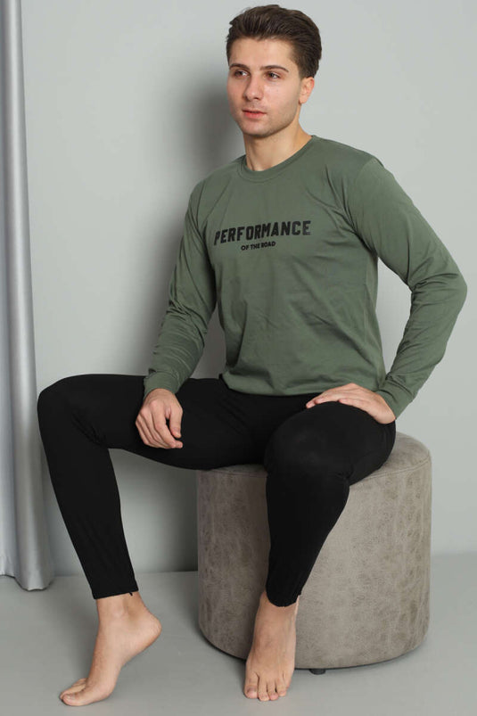 Önü Baskılı Paça Lastikli Erkek Pijama Takım Haki