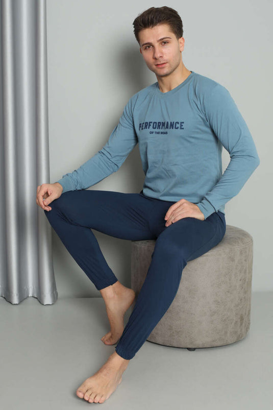 Önü Baskılı Paça Lastikli Erkek Pijama Takım Mavi