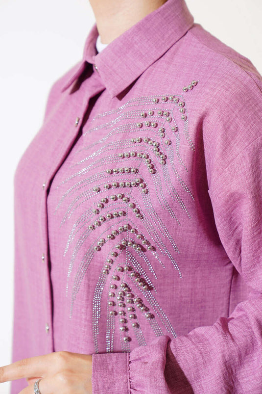 Önü Boncuklu Keten İkili Takım Gül Kurusu