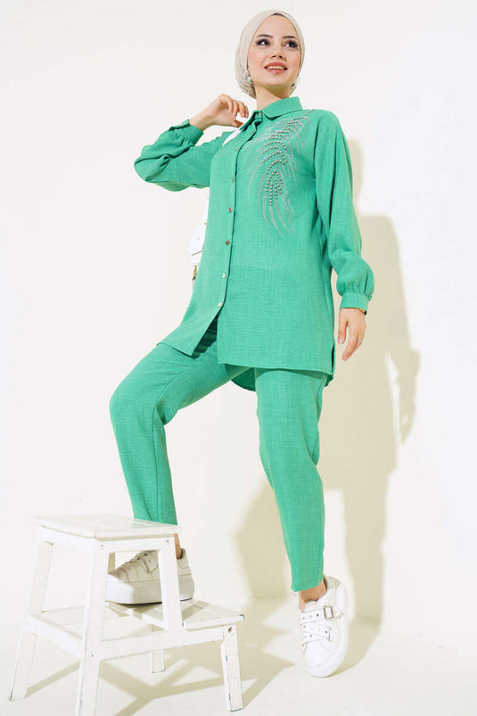 Önü Boncuklu Keten İkili Takım Yeşil