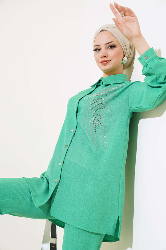 Önü Boncuklu Keten İkili Takım Yeşil