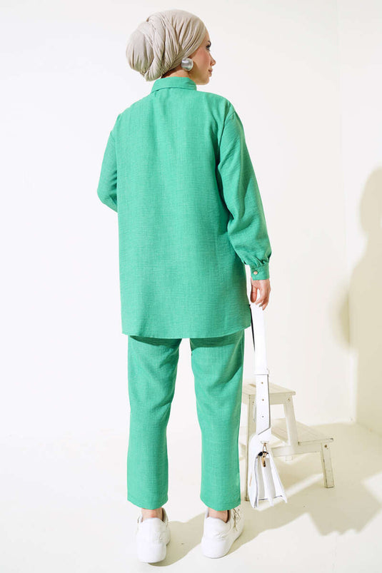 Önü Boncuklu Keten İkili Takım Yeşil