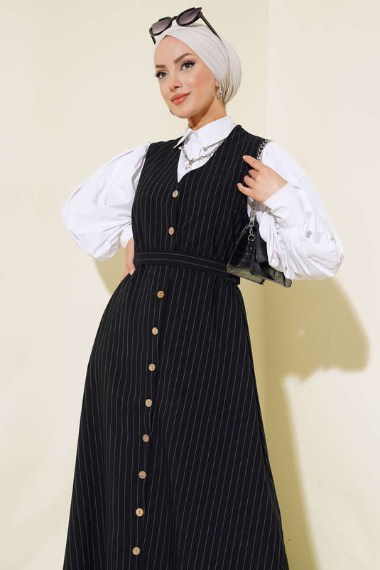 Önü Boydan Düğmeli Çizgili Jile Elbise Siyah