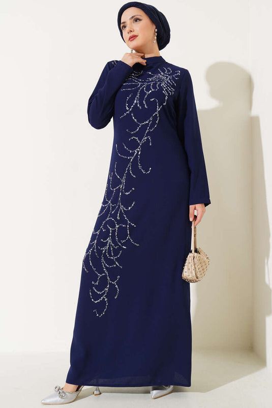 Plus Size Dress with Stones on the Front, Navy Blue