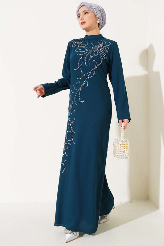 Plus Size Dress with Stones on the Front, Petrol