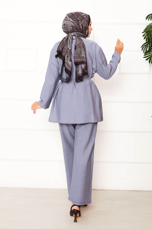 Front Brit Detailed Waist Removable Lace-Up Two Piece Set Gray