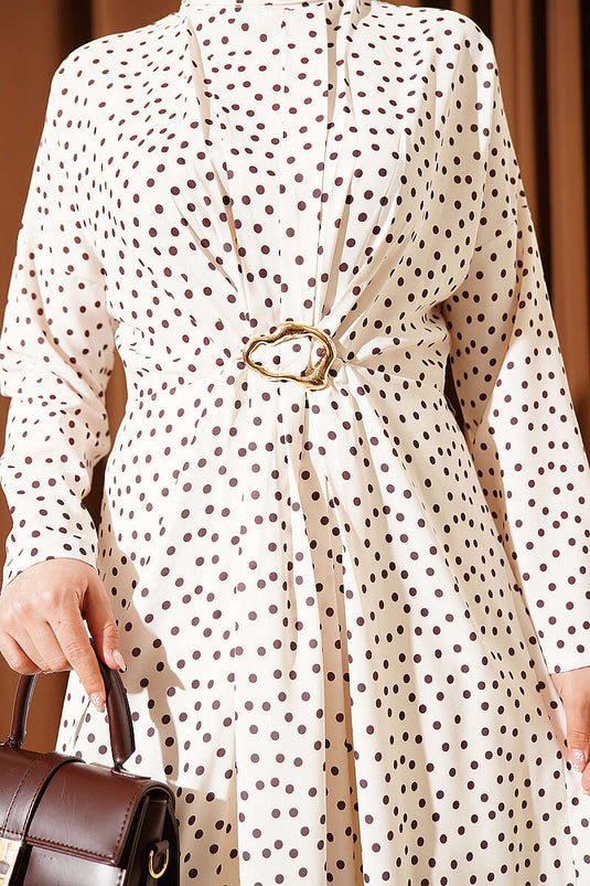 Beige Polka Dot Dress with Front Ruching Detail