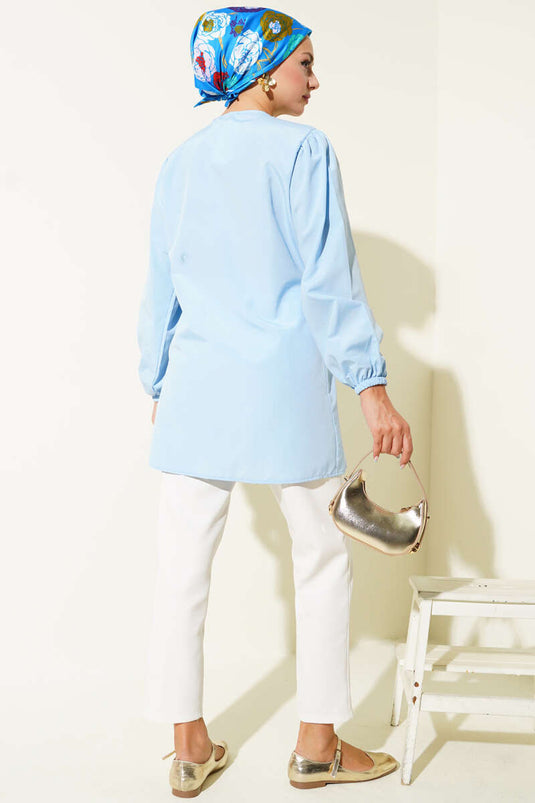 Baby Blue Shirt with Drawstring and Lace Front