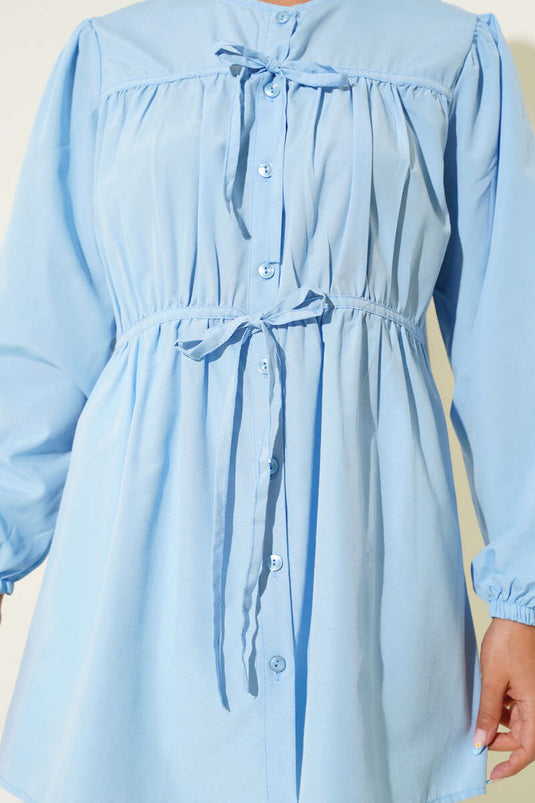 Baby Blue Shirt with Drawstring and Lace Front