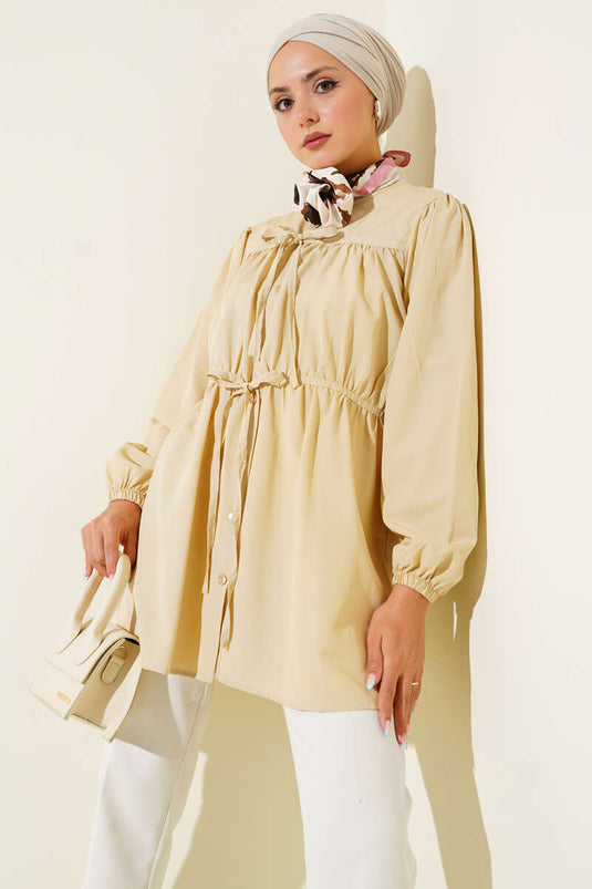 Önü Büzgülü Bağcıklı Gömlek Bej