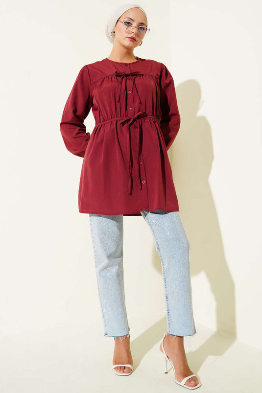 Burgundy Shirt with Drawstring and Lace Front