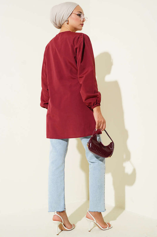 Burgundy Shirt with Drawstring and Lace Front