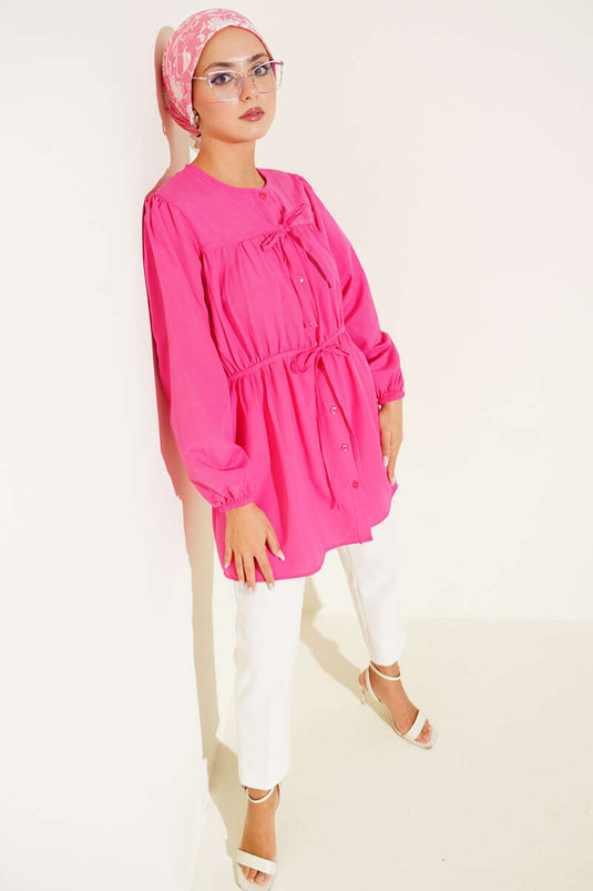 Önü Büzgülü Bağcıklı Gömlek Fuşya
