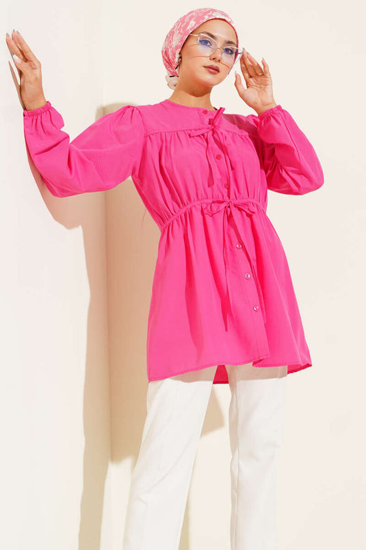 Önü Büzgülü Bağcıklı Gömlek Fuşya