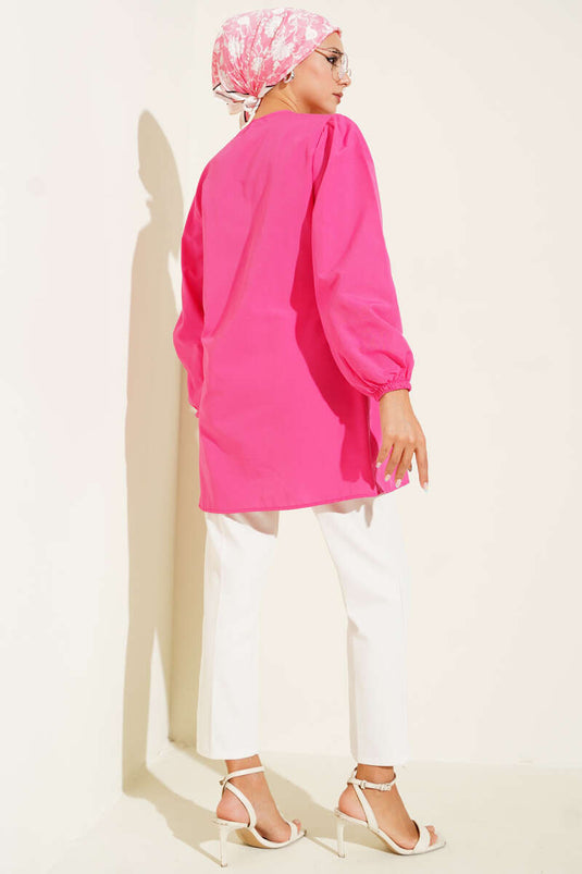 Önü Büzgülü Bağcıklı Gömlek Fuşya