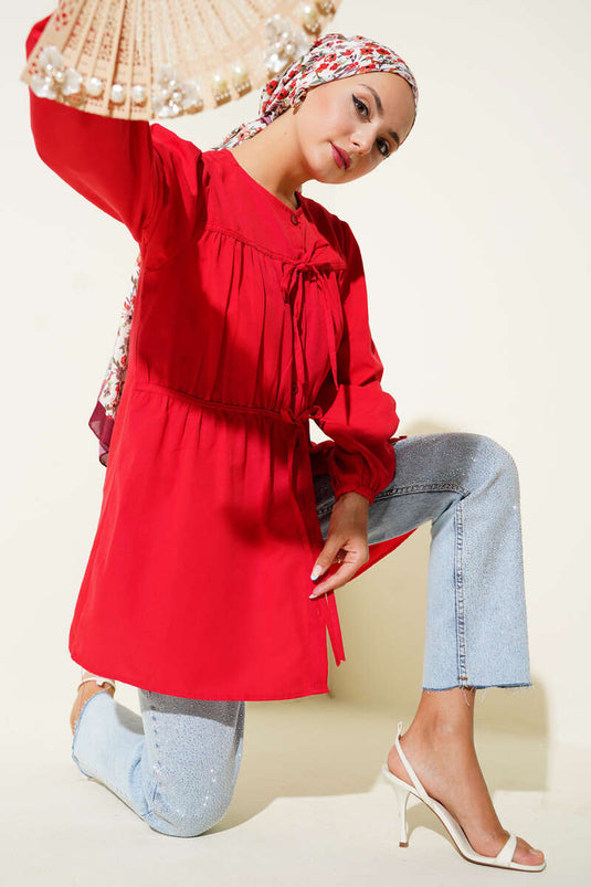 Önü Büzgülü Bağcıklı Gömlek Kırmızı