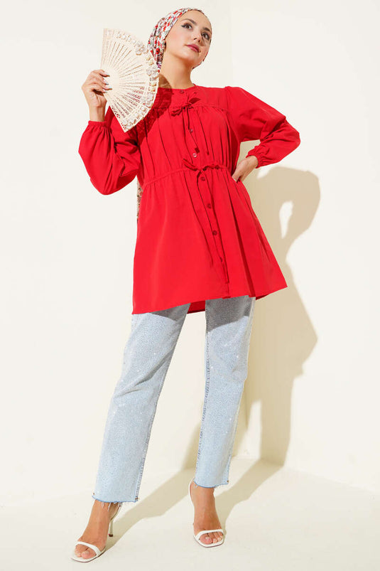 Önü Büzgülü Bağcıklı Gömlek Kırmızı