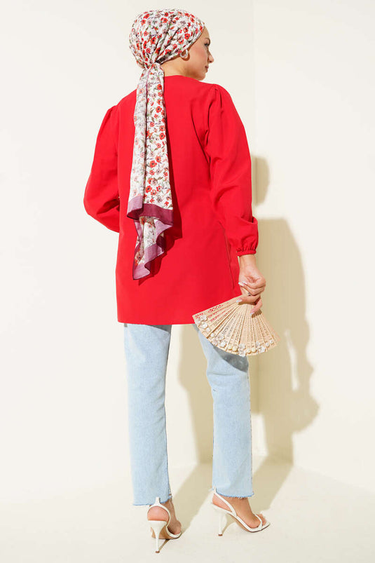 Önü Büzgülü Bağcıklı Gömlek Kırmızı