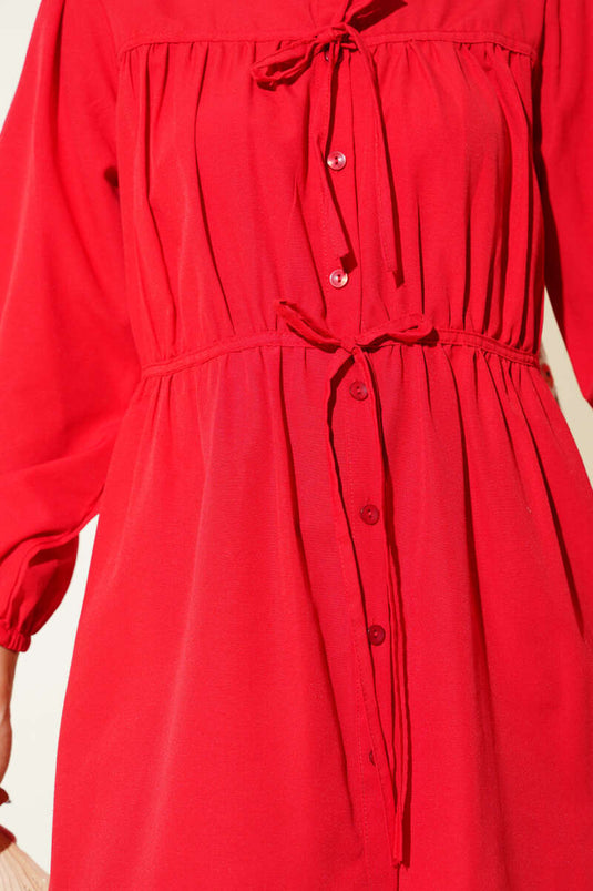 Önü Büzgülü Bağcıklı Gömlek Kırmızı