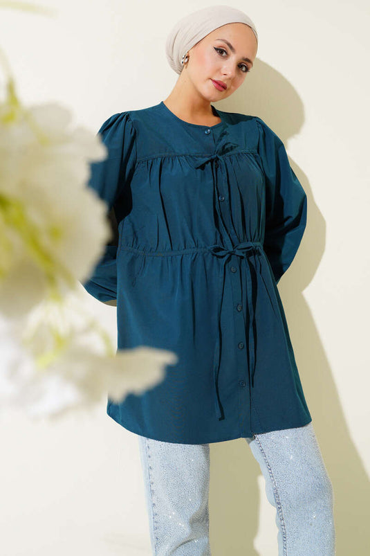 قميص بترولي مكشكشة برباط أمامي