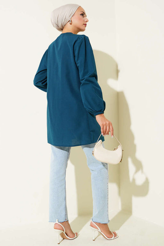 قميص بترولي مكشكشة برباط أمامي