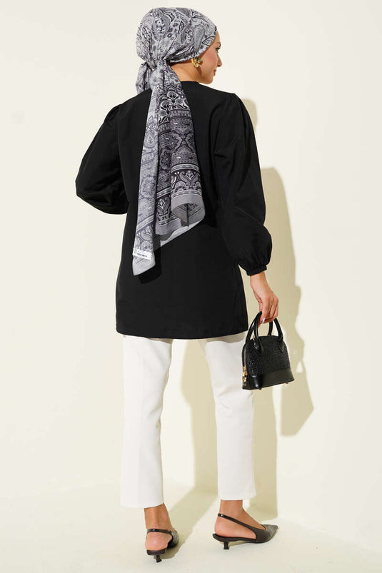 Önü Büzgülü Bağcıklı Gömlek Siyah