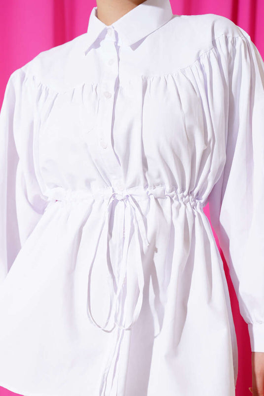 Önü Büzgülü Bel Tünelli Gömlek Beyaz