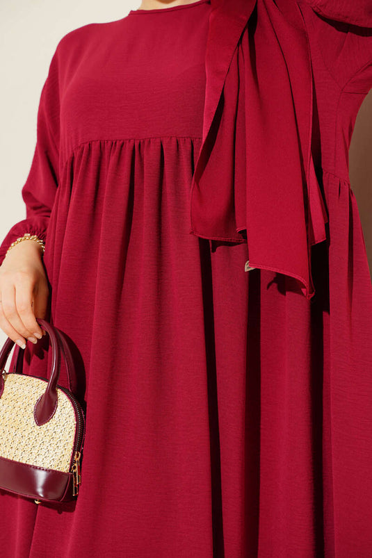 Burgundy Dress with Gathered Front and Elasticated Ankles