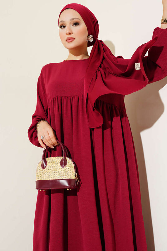 Burgundy Dress with Gathered Front and Elasticated Ankles