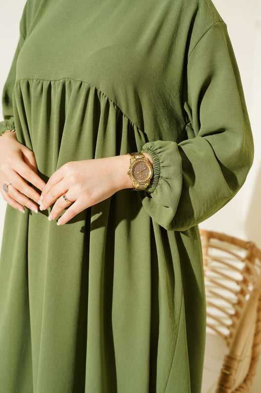 Khaki Dress with Gathered Front and Elasticated Ankles