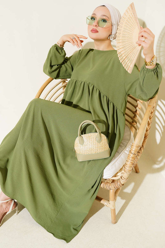 Khaki Dress with Gathered Front and Elasticated Ankles
