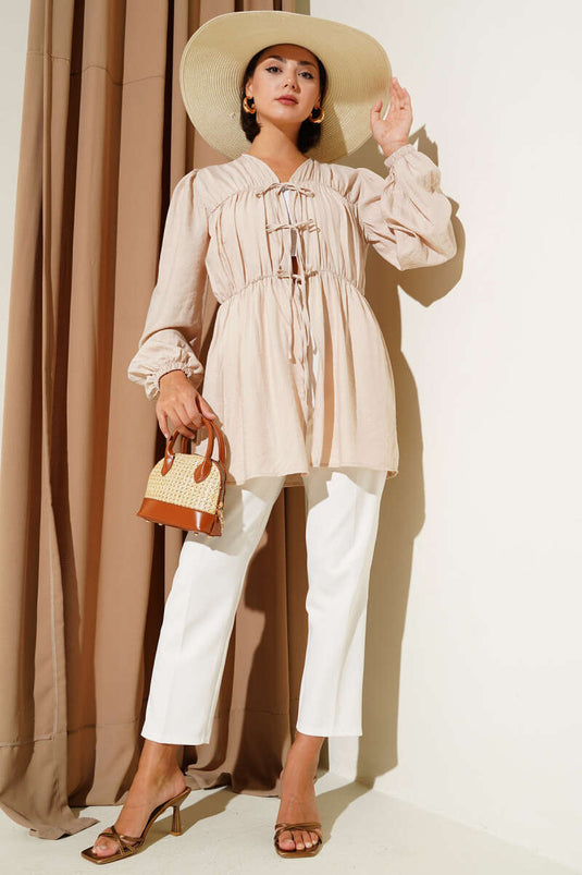 Önü Büzgülü Bilekleri Lastikli Kimono Bej