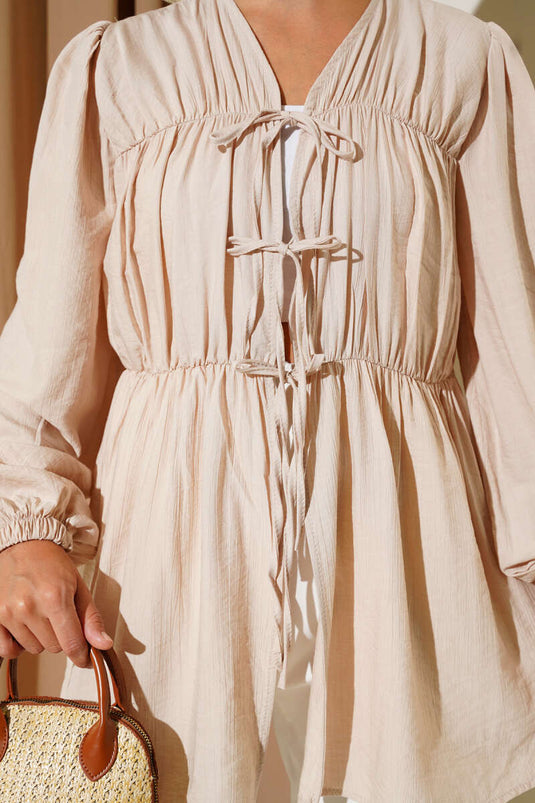 كيمونو بيج مع طيات أمامية ومعصمين مطاطيين