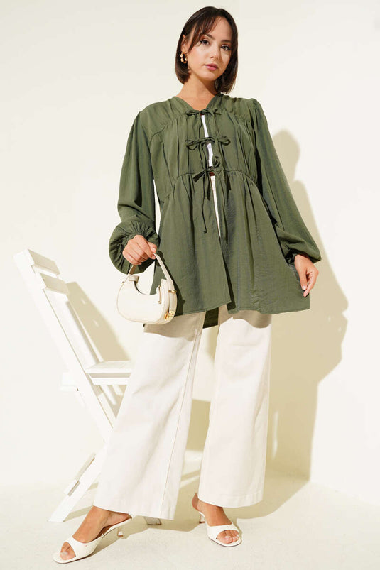 Önü Büzgülü Bilekleri Lastikli Kimono Haki