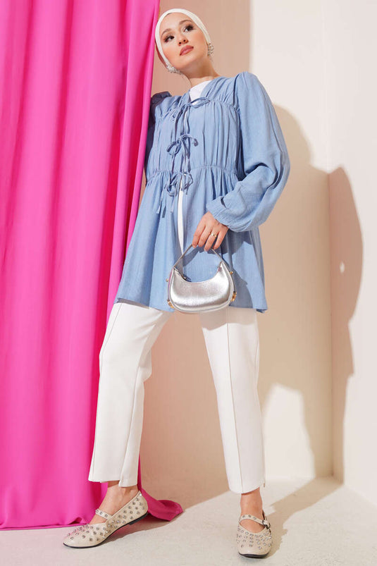 Önü Büzgülü Bilekleri Lastikli Kimono Mavi
