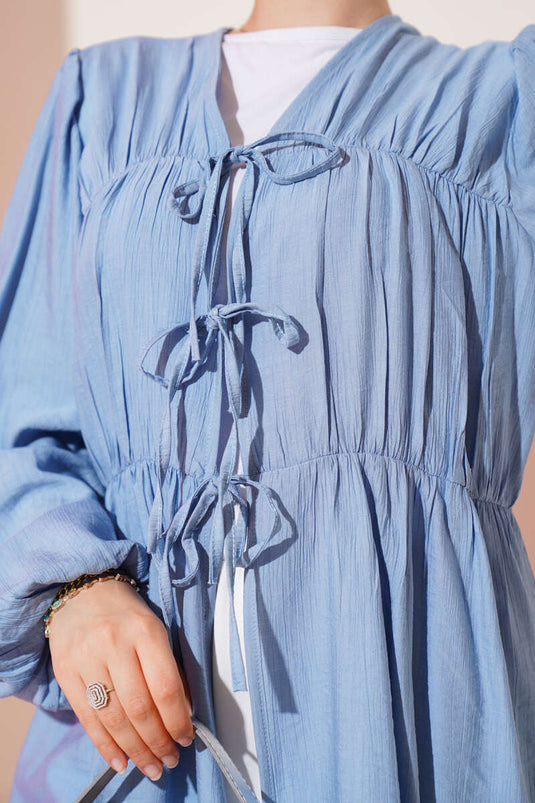 Önü Büzgülü Bilekleri Lastikli Kimono Mavi