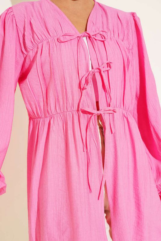 Önü Büzgülü Bilekleri Lastikli Kimono Pembe
