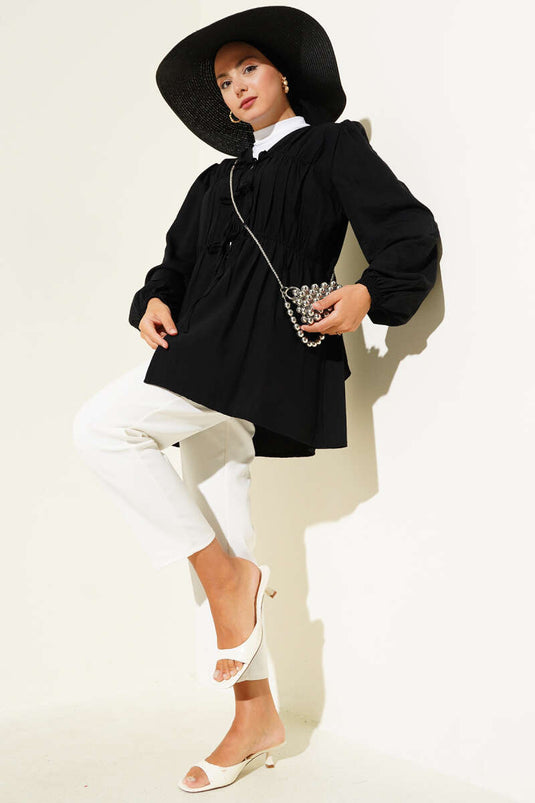 Önü Büzgülü Bilekleri Lastikli Kimono Siyah