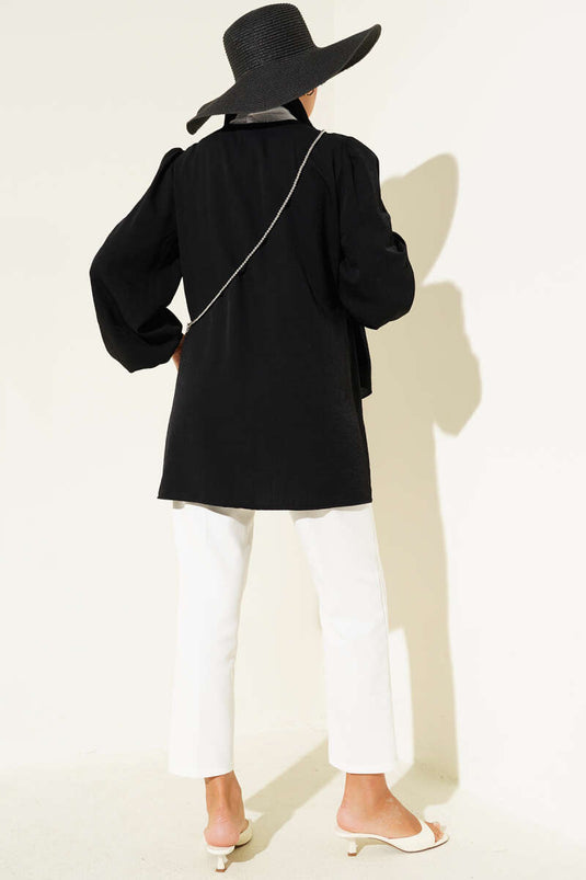 Önü Büzgülü Bilekleri Lastikli Kimono Siyah