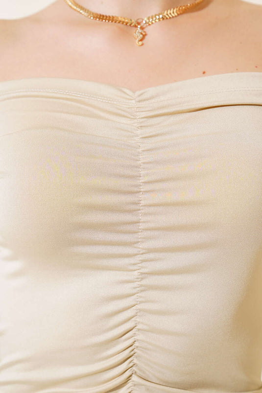 Pleated Front Bodysuit Beige