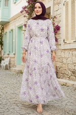 Robe Modeste en Chiffon à Motifs avec Fronces Avant Blanc - Violet