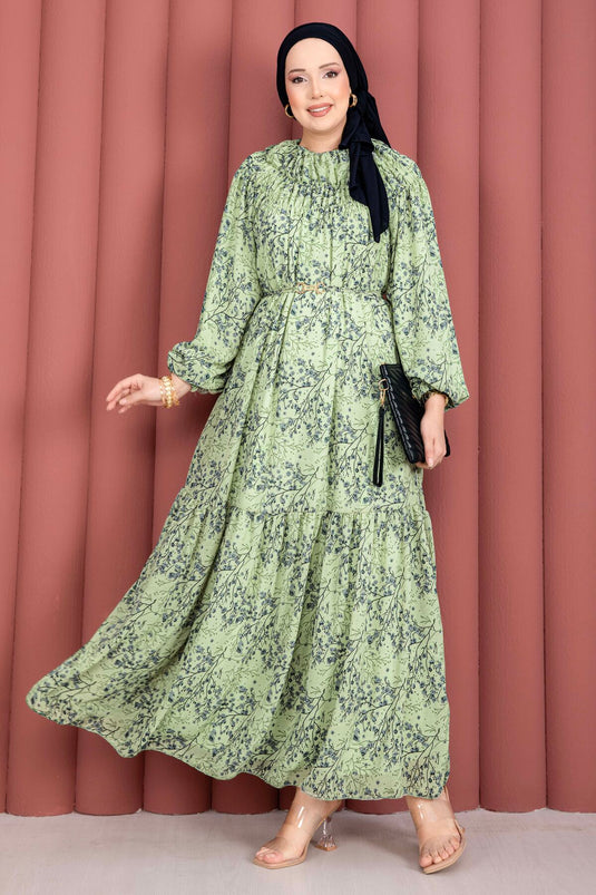 Vorderseite gerafftes, gemustertes Chiffon-Tesettür-Kleid in Mint