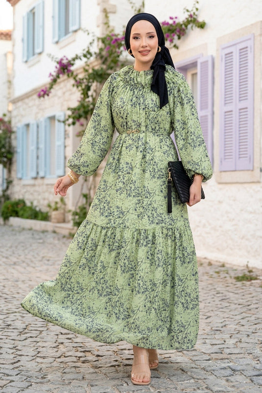 Vorderseite gerafftes, gemustertes Chiffon-Tesettür-Kleid in Mint