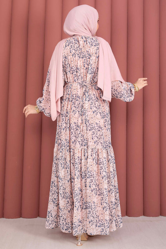 Robe Modeste en Chiffon Imprimé avec Fronces à l'Avant, Couleur Poudre