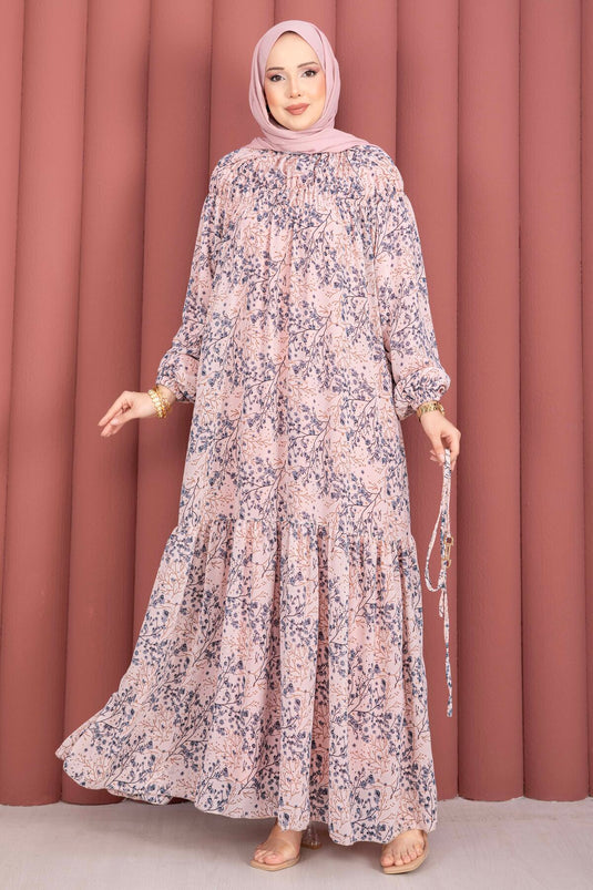 Robe Modeste en Chiffon Imprimé avec Fronces à l'Avant, Couleur Poudre